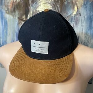 H&M YHH snapback cap with a black crown and a tan faux-suede brim hat